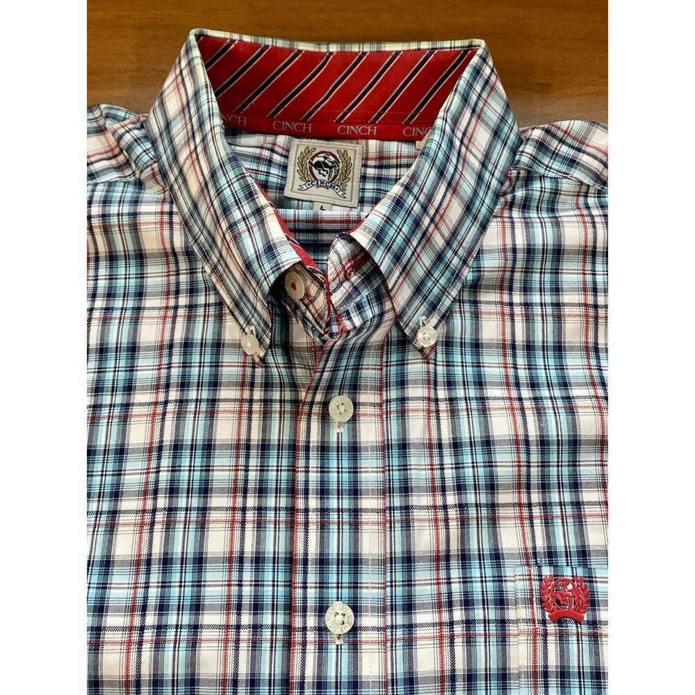 Cinch Mens Large Western Shirt Blue Tartan Plaid Long Sleeve Button Front Casual